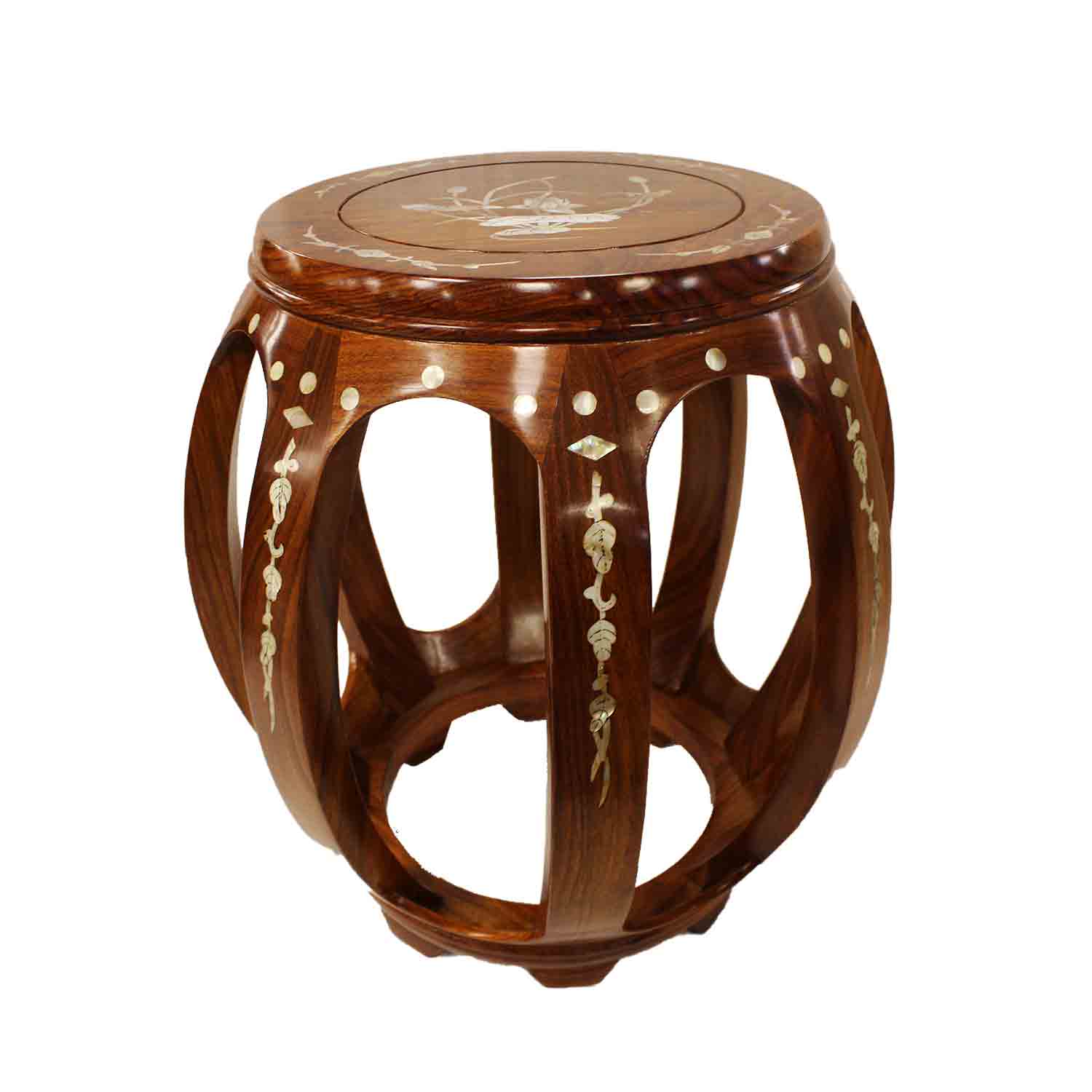 Solid Rosewood Large Drum Stool with Mother of Pearls Inlaid Natural